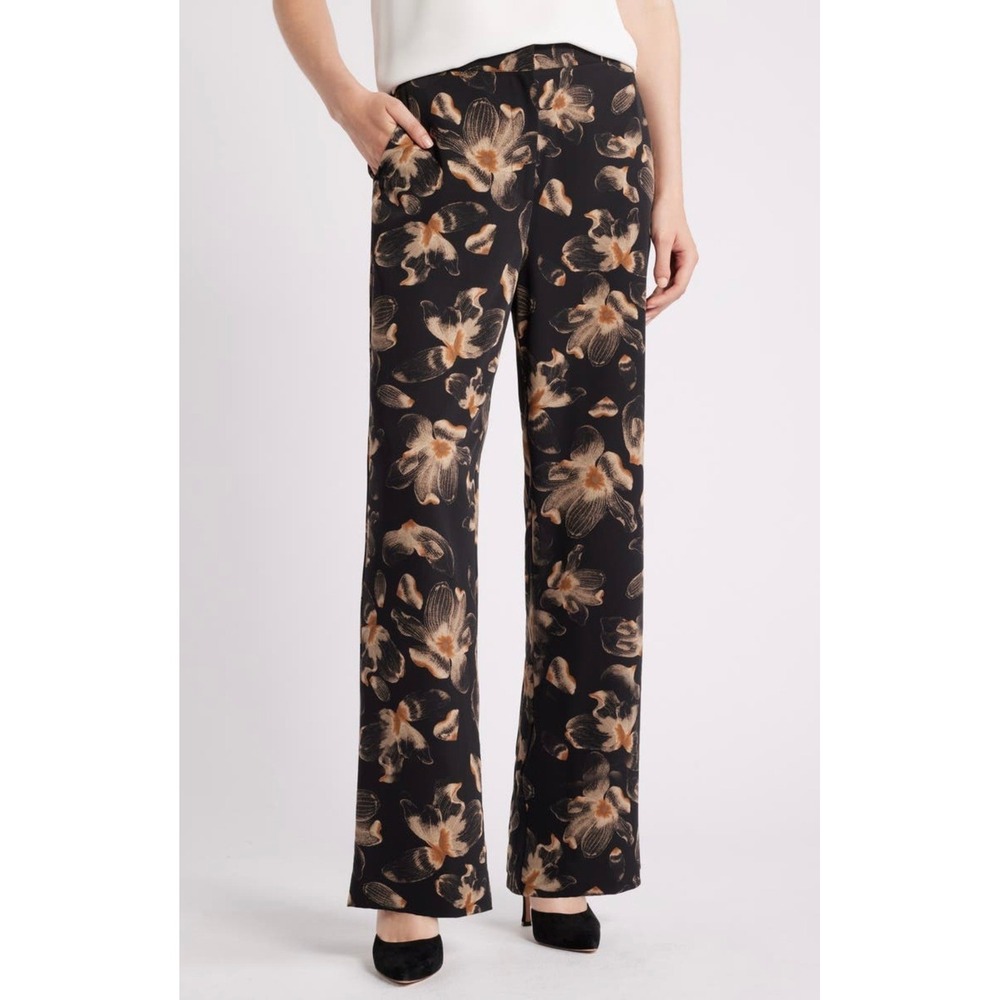 Nordstrom $118 Floral Print Straight Leg Twill Pants‎ Black Tan Carbon Floral XL